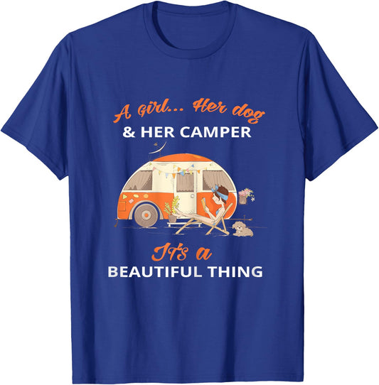 Camping Beautiful A girl her dog her camper T-Shirt - T-Shirt | Royal