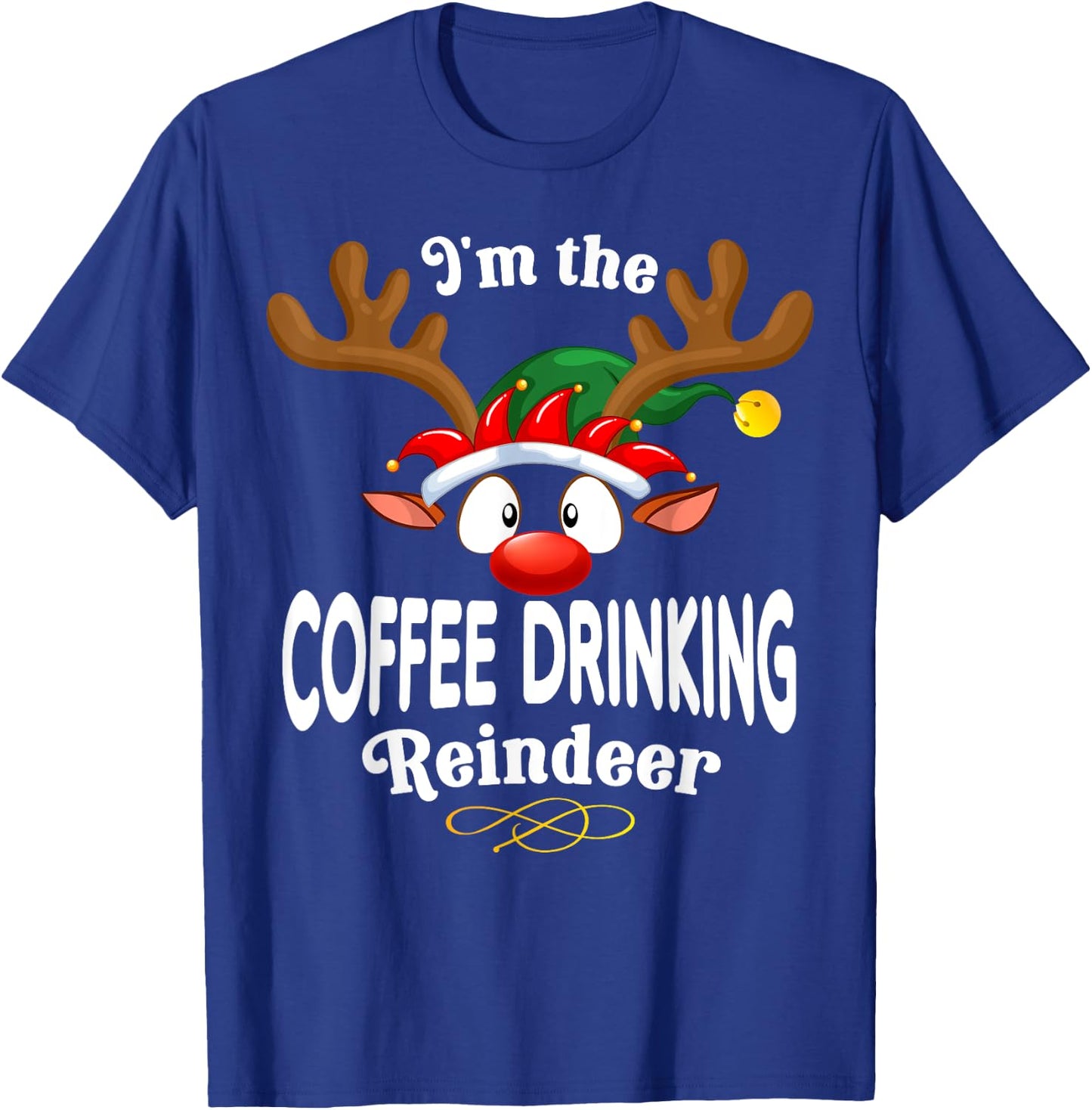 Christmas PJS Coffee drinking XMas Reindeer Matching T-Shirt - T-Shirt | Royal