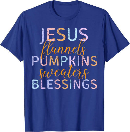 Jesus Flannels Pumpkins Sweaters Blessings Fall Season Faith T-Shirt - T-Shirt | Royal