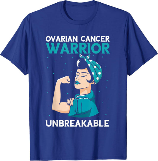 Ovarian Cancer Awareness Warrior Unbreakable Teal Ribbon T-Shirt - T-Shirt | Royal