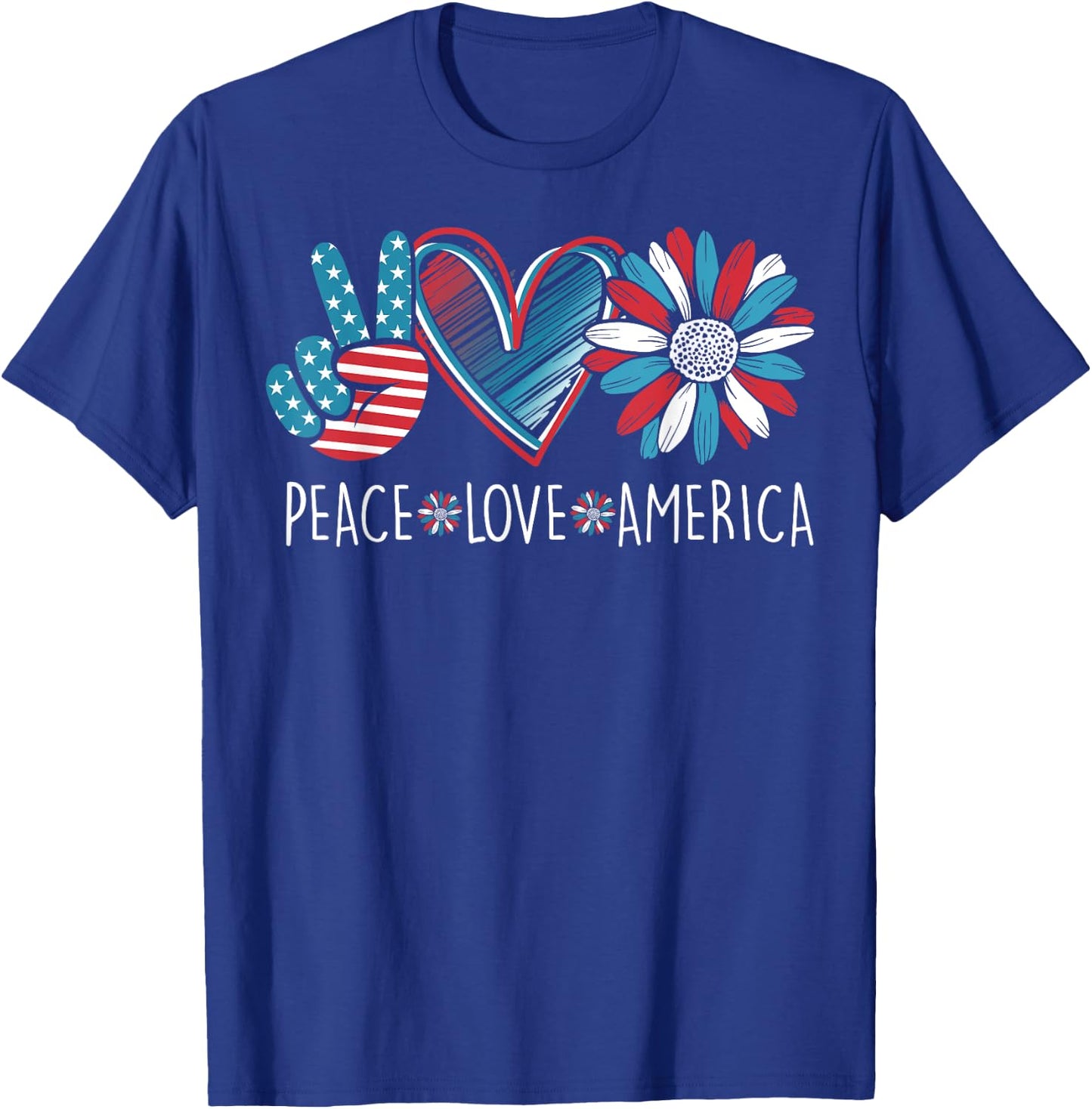 Peace Love America Daisy 4th July Patriotic US American Flag T-Shirt - T-Shirt | Royal