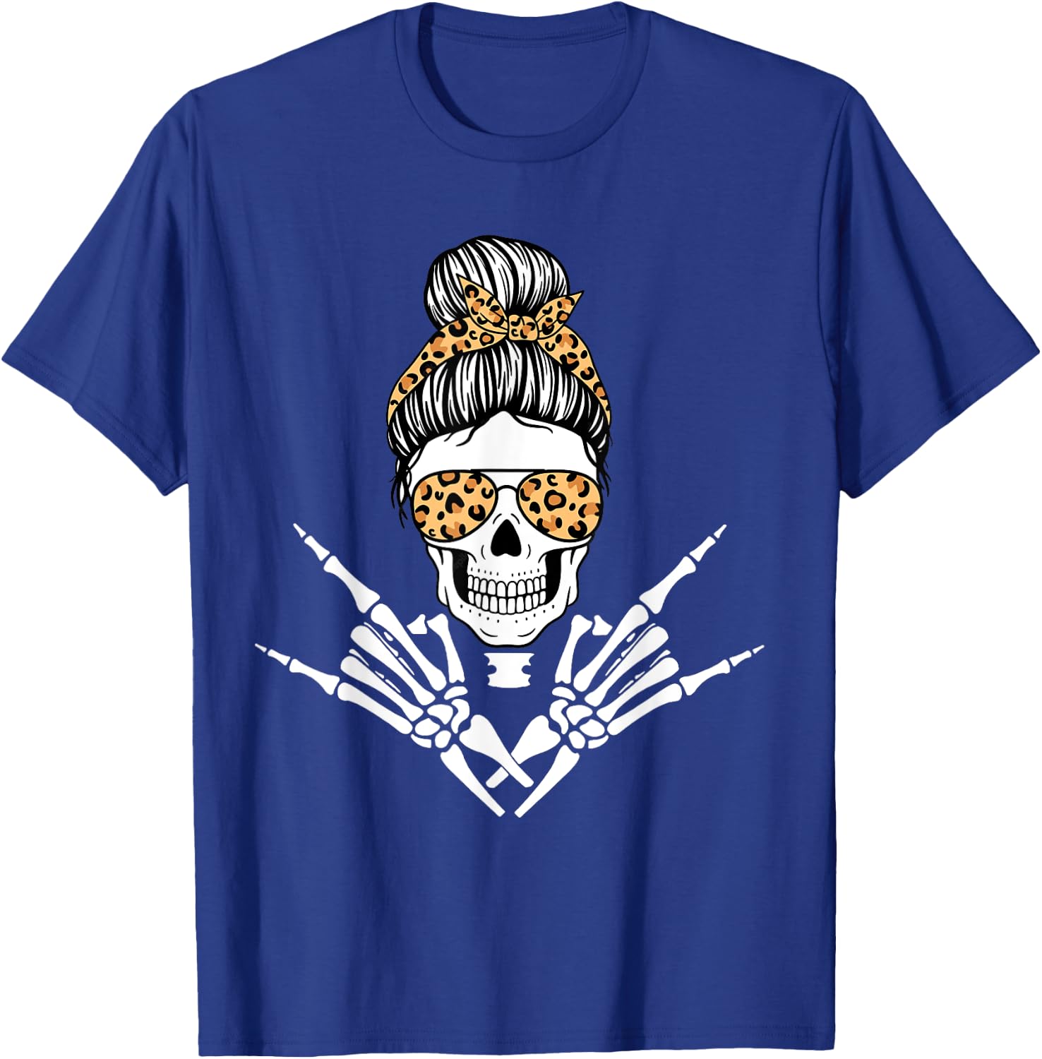Rocker Skeleton Hand Rock On Leopard Messy Bun Halloween T-Shirt - T-Shirt | Royal