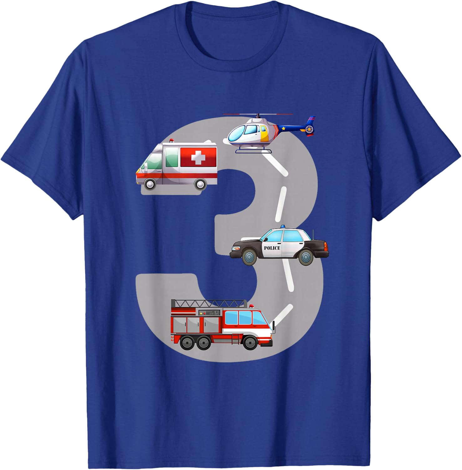 Emergency Vehicles 3rd Birthday Fire Truck Police Car Boys T-Shirt - T-Shirt | Royal