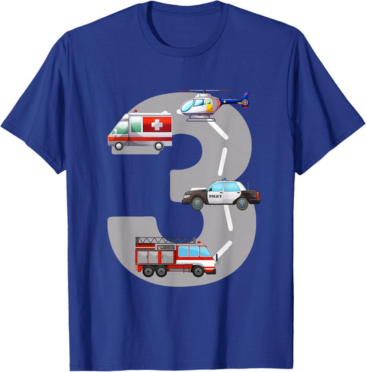 Emergency Vehicles 3rd Birthday Fire Truck Police Car Boys T-Shirt - T-Shirt | Royal