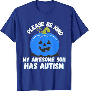 Blue Pumpkin Bucket Halloween Be Kind My Son Has Autism T-Shirt - T-Shirt | Royal