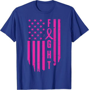 Fight Breast Survivor American Flag Breast Cancer Awareness T-Shirt - T-Shirt | Royal