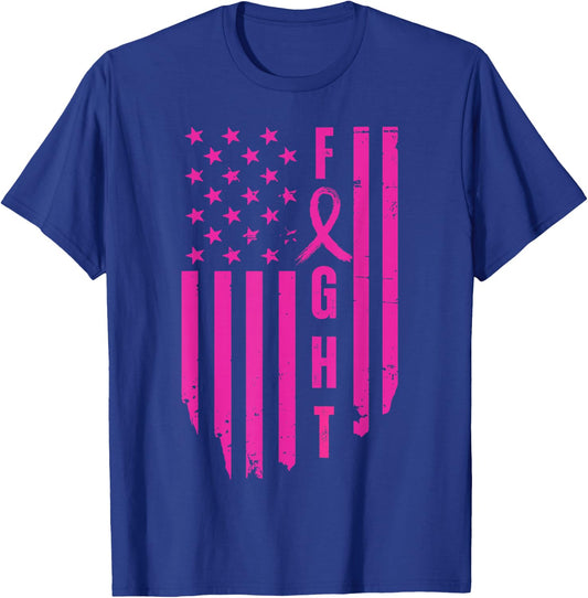 Fight Breast Survivor American Flag Breast Cancer Awareness T-Shirt - T-Shirt | Royal