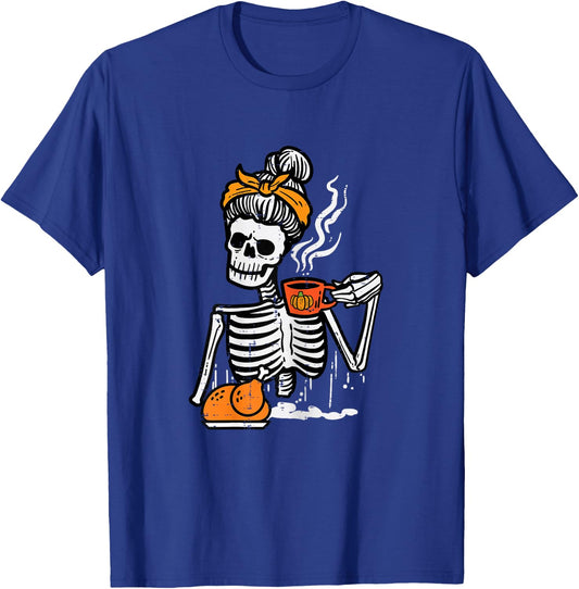 Thanksgiving Skeleton Messy Bun Pumpkin Coffee Women Girls T-Shirt - T-Shirt | Royal