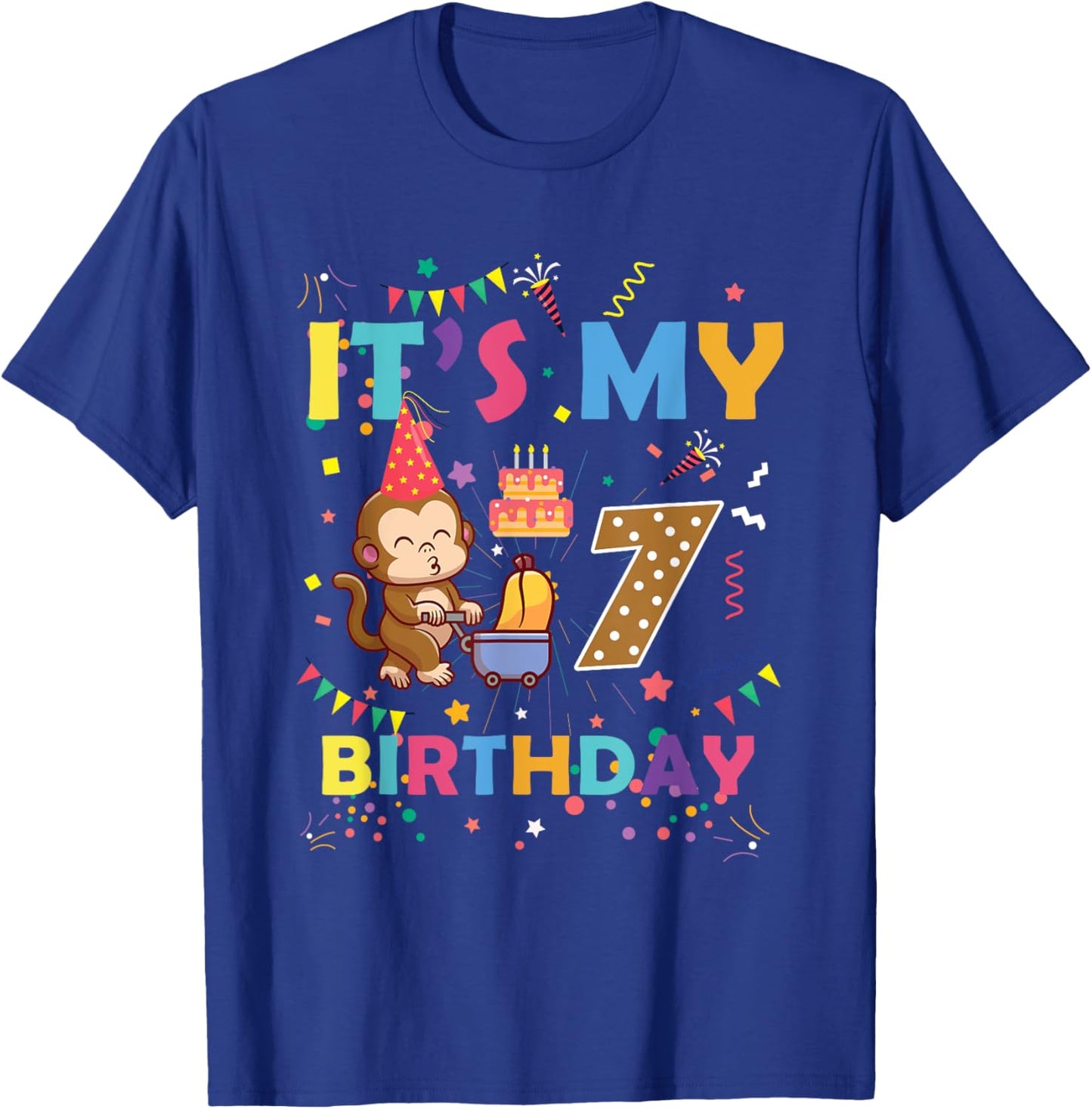 It's My 7th Birthday Monkey 7 Year Old Boys Girls Kids T-Shirt - T-Shirt | Royal