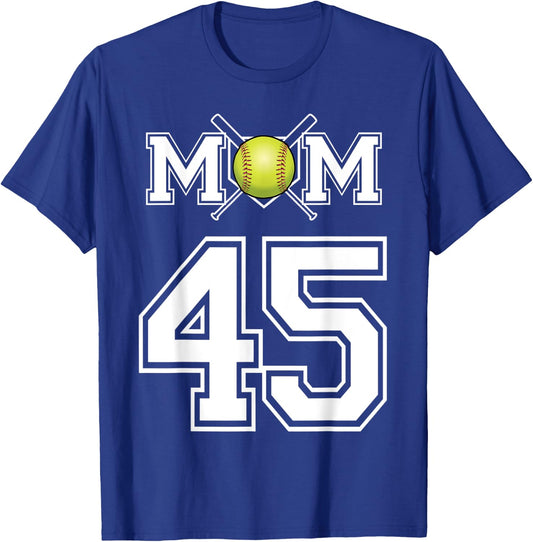 Number 45 Player Softball Mom Biggest Fan Wear T-Shirt - T-Shirt | Royal