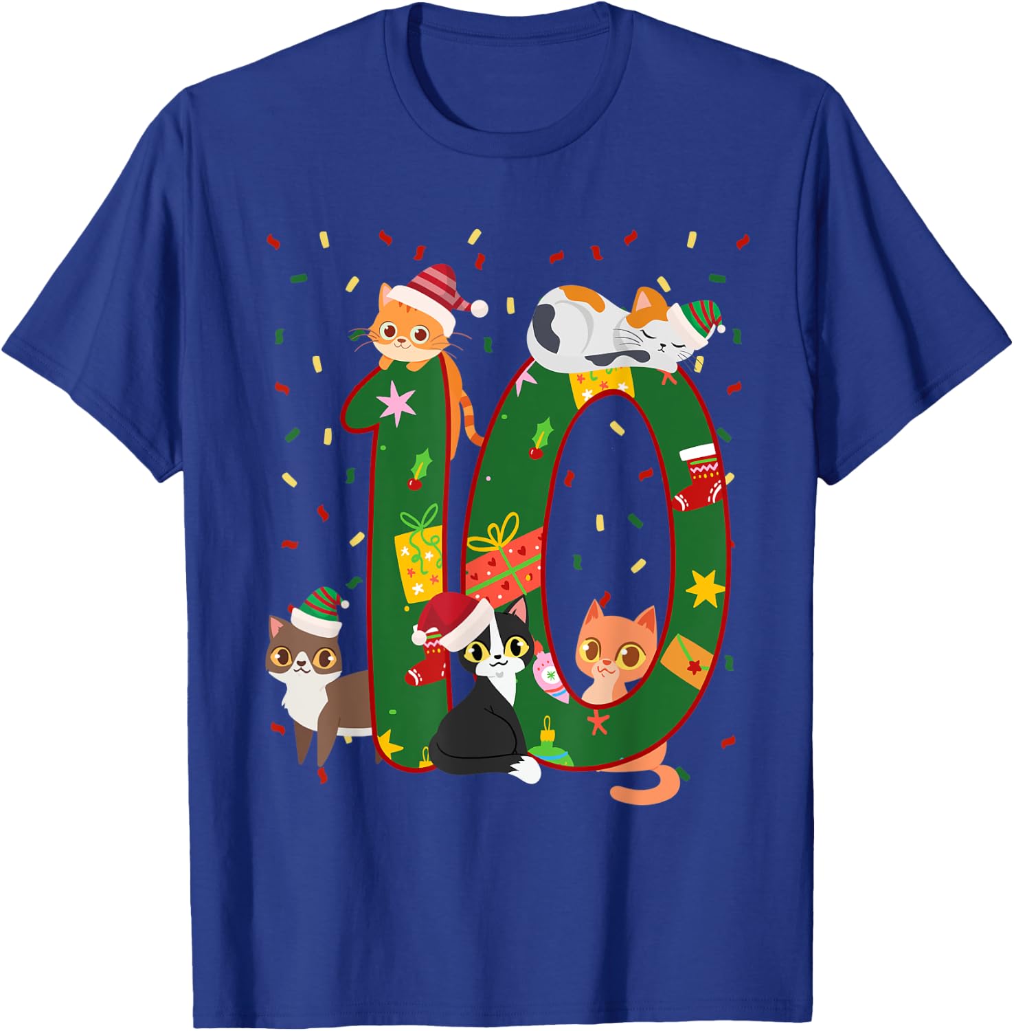 10 Years Old Kids Xmas Cute Cats 10th Birthday Christmas T-Shirt - T-Shirt | Royal