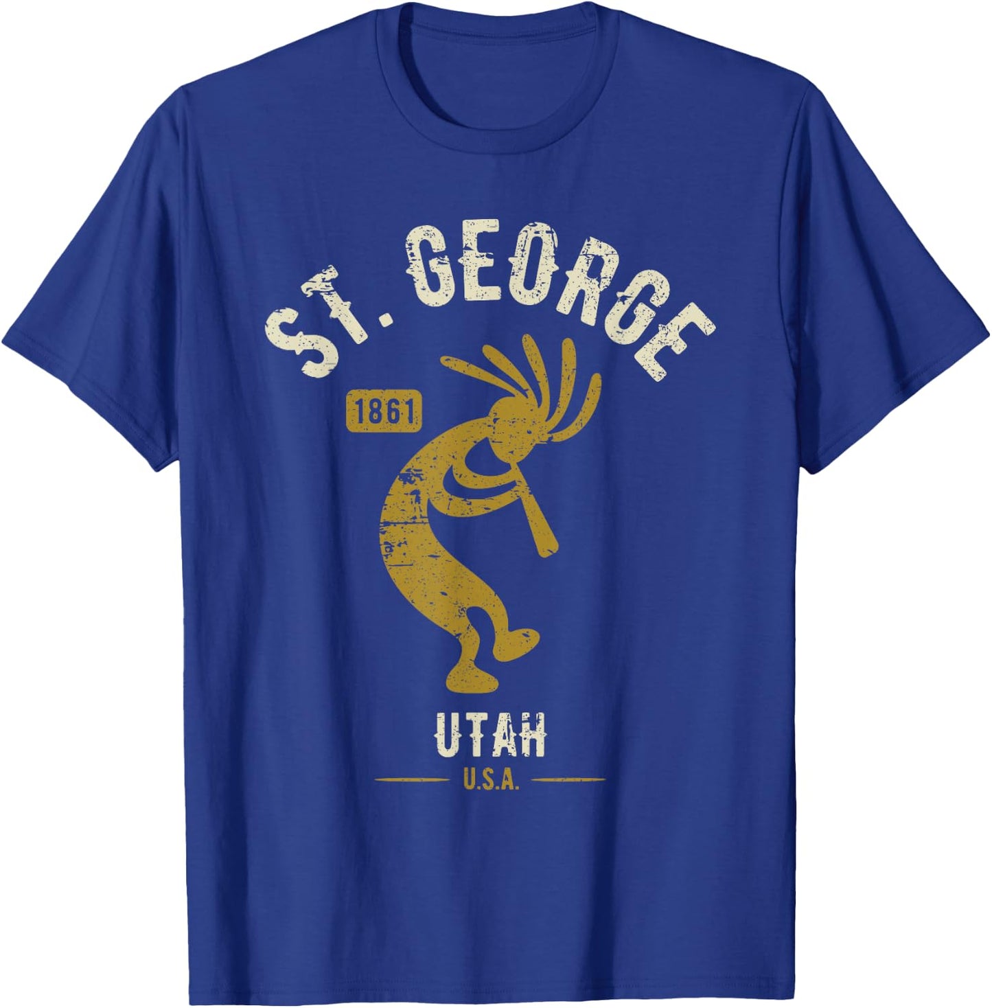 St George Utah USA Dancing Kokopelli Distressed Design T-Shirt - T-Shirt | Royal
