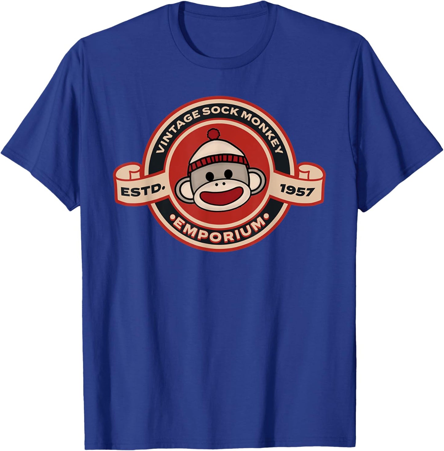 Vintage Sock Monkey Emporium Logo Emblem Sock Monkey T-Shirt - T-Shirt | Royal