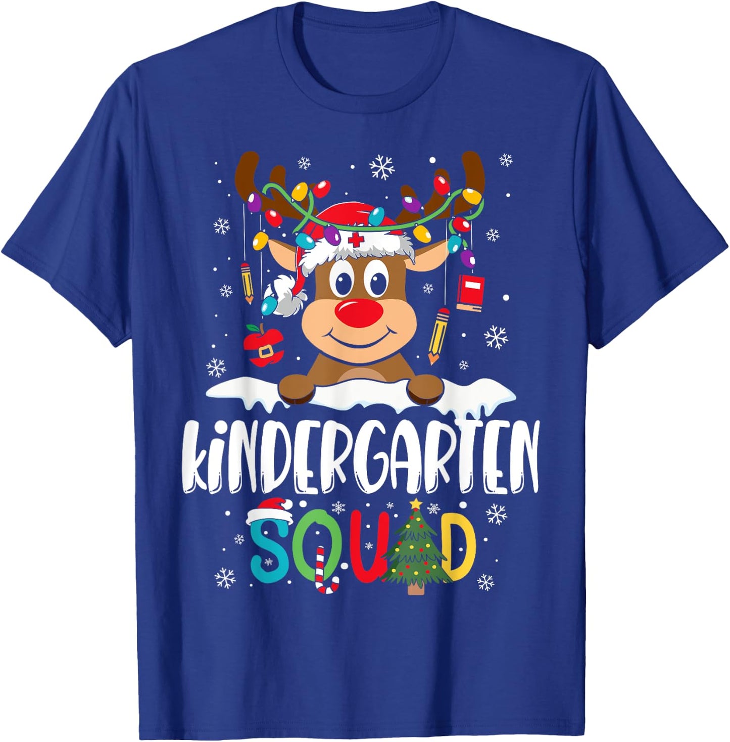 Kindergarten Teacher Squad Funny Reindeer Teacher Christmas T-Shirt - T-Shirt | Royal