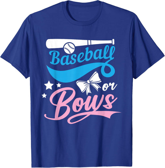 Baseball Or Bows Cute Girl Boy Gender Reveal Announcement T-Shirt - T-Shirt | Royal