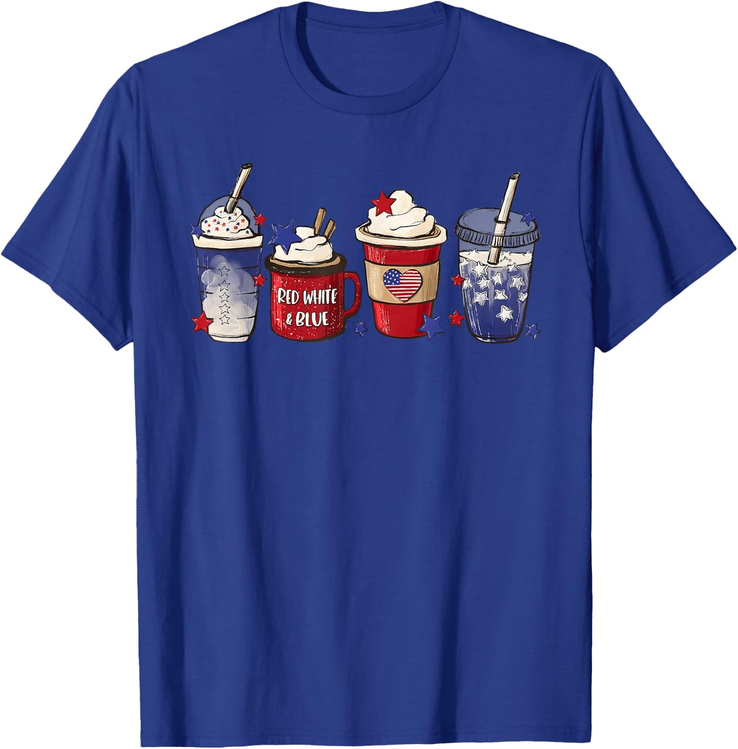 Red White Blue Latte Ice Coffee USA 4th Of July Patriotic Women Kids Men T-Shirt - T-Shirt | Royal