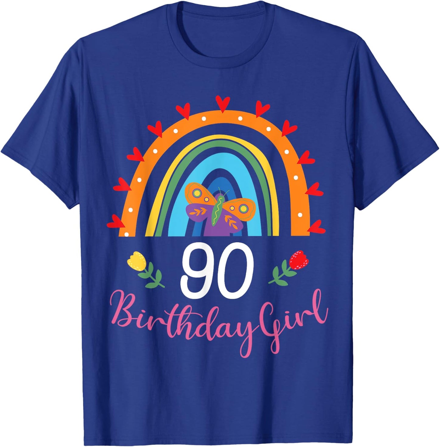Cute Rainbow 90 Year Old Birthday Girl 90th B-Day Family T-Shirt - T-Shirt | Royal