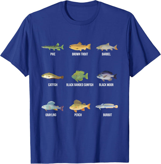 Types of Freshwater Fish Species Funny Fishing Gifts T-Shirt - T-Shirt | Royal