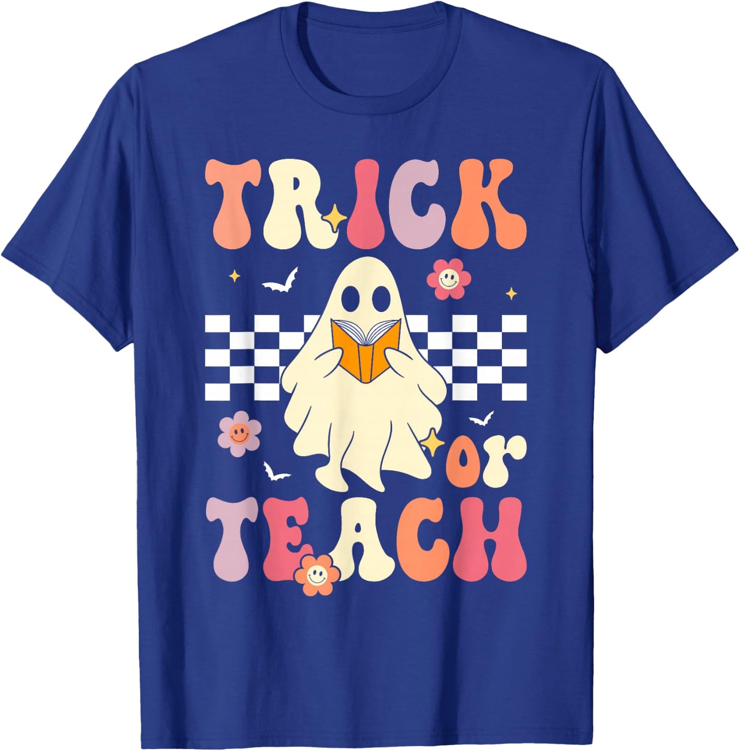 Groovy Teacher Halloween Retro Trick or Teach Floral Ghost T-Shirt - T-Shirt | Royal