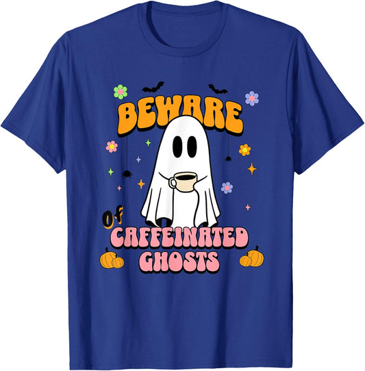 Cute Ghost Drinking Coffee Halloween Spooky Season Lover T-Shirt - T-Shirt | Royal
