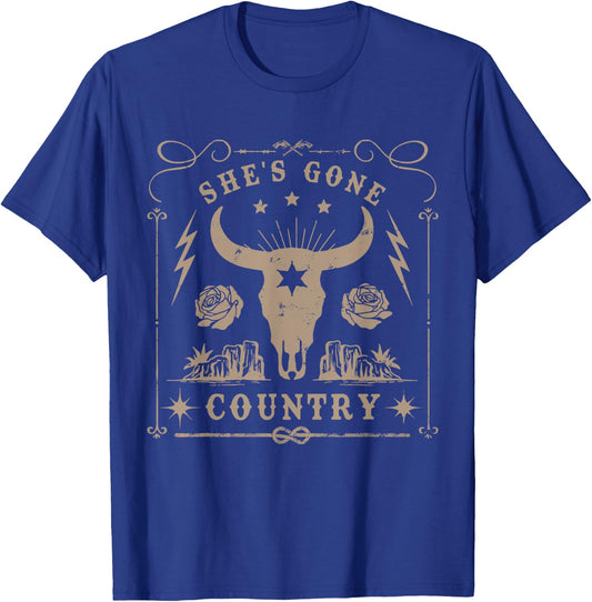 She's Gone Country Music Howdy Rodeo Bull Skull Western T-Shirt - T-Shirt | Royal