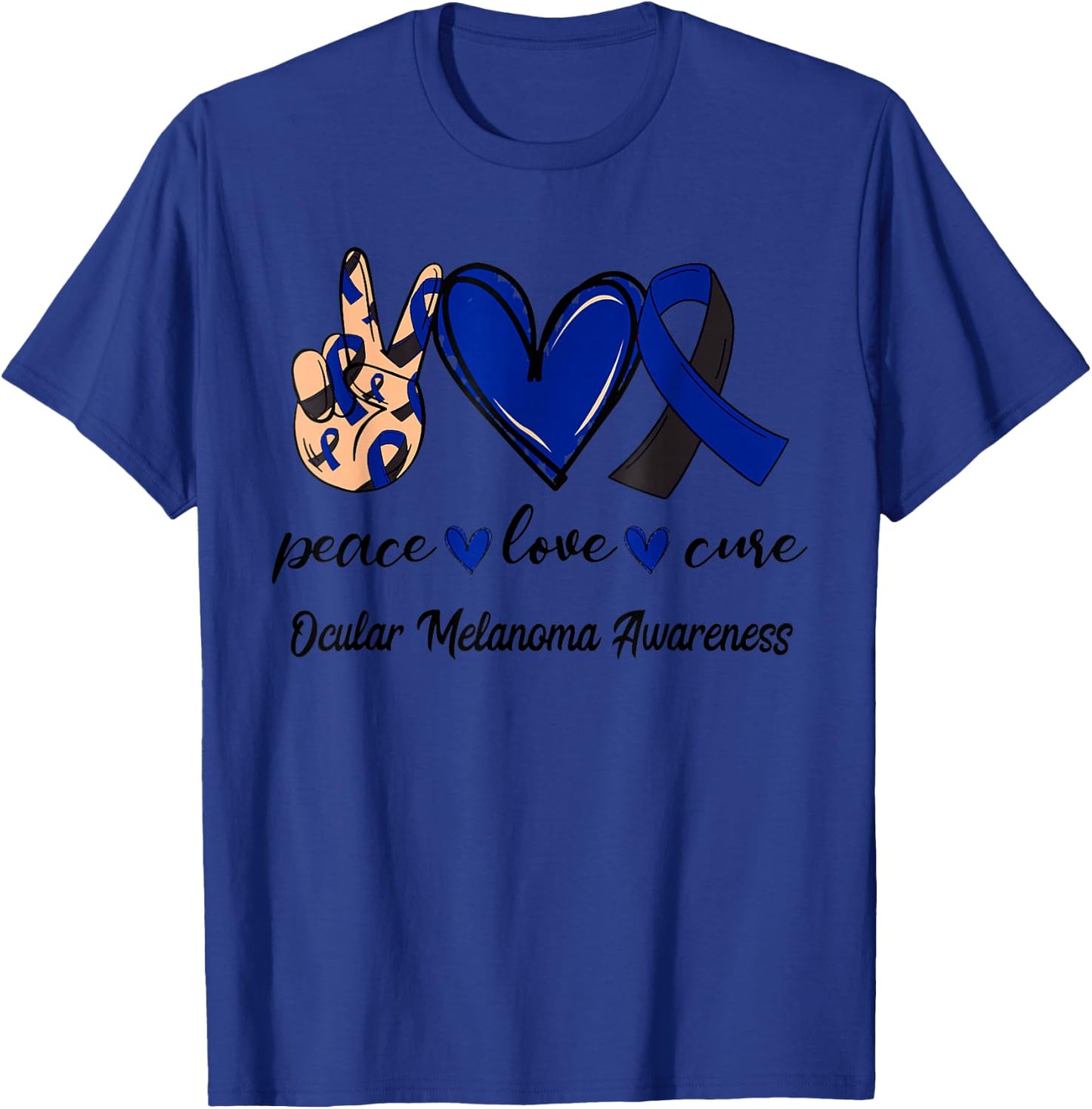 Peace Love Cure Ocular Melanoma Black Navy Ribbon Awareness T-Shirt - T-Shirt | Royal
