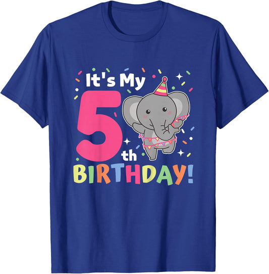 Kids Elephant 5th Birthday For Kids Five Years Old T-Shirt - T-Shirt | Royal