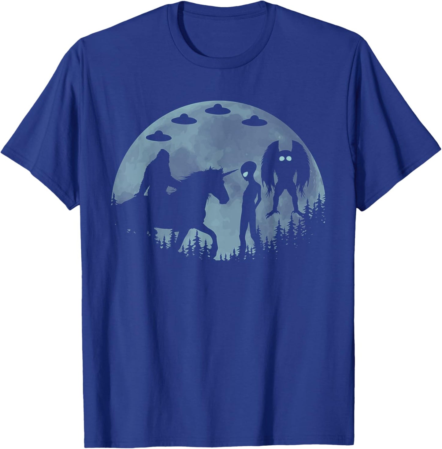Bigfoot Riding Unicorn Funny Sasquatch Ufo Mothman And Alien T-Shirt - T-Shirt | Royal