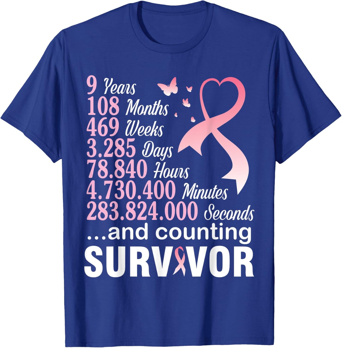 9 Years 108 Months & Counting Survivor Warrior Breast Cancer T-Shirt - T-Shirt | Royal