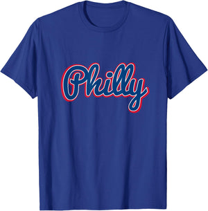 Script Philly Logo Philadelphia PA Blue Red & White Logo T-Shirt - T-Shirt | Royal