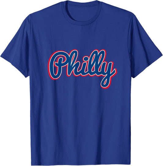 Script Philly Logo Philadelphia PA Blue Red & White Logo T-Shirt - T-Shirt | Royal