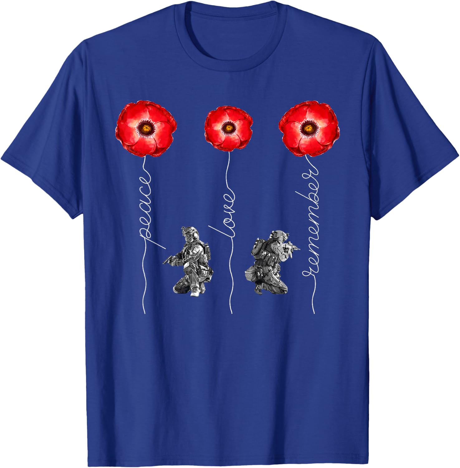 Peace Love Remember Red Poppy Flower Soldier Memorial Day T-Shirt - T-Shirt | Royal