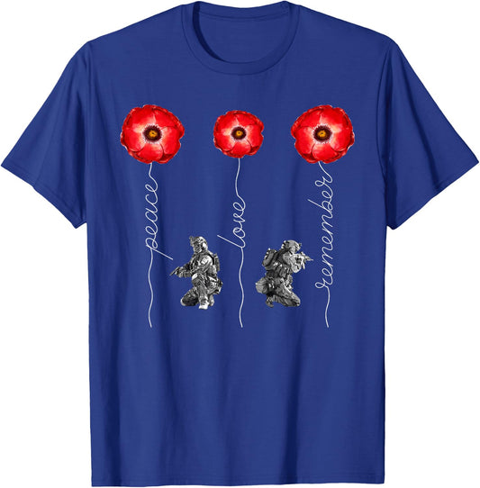 Peace Love Remember Red Poppy Flower Soldier Memorial Day T-Shirt - T-Shirt | Royal