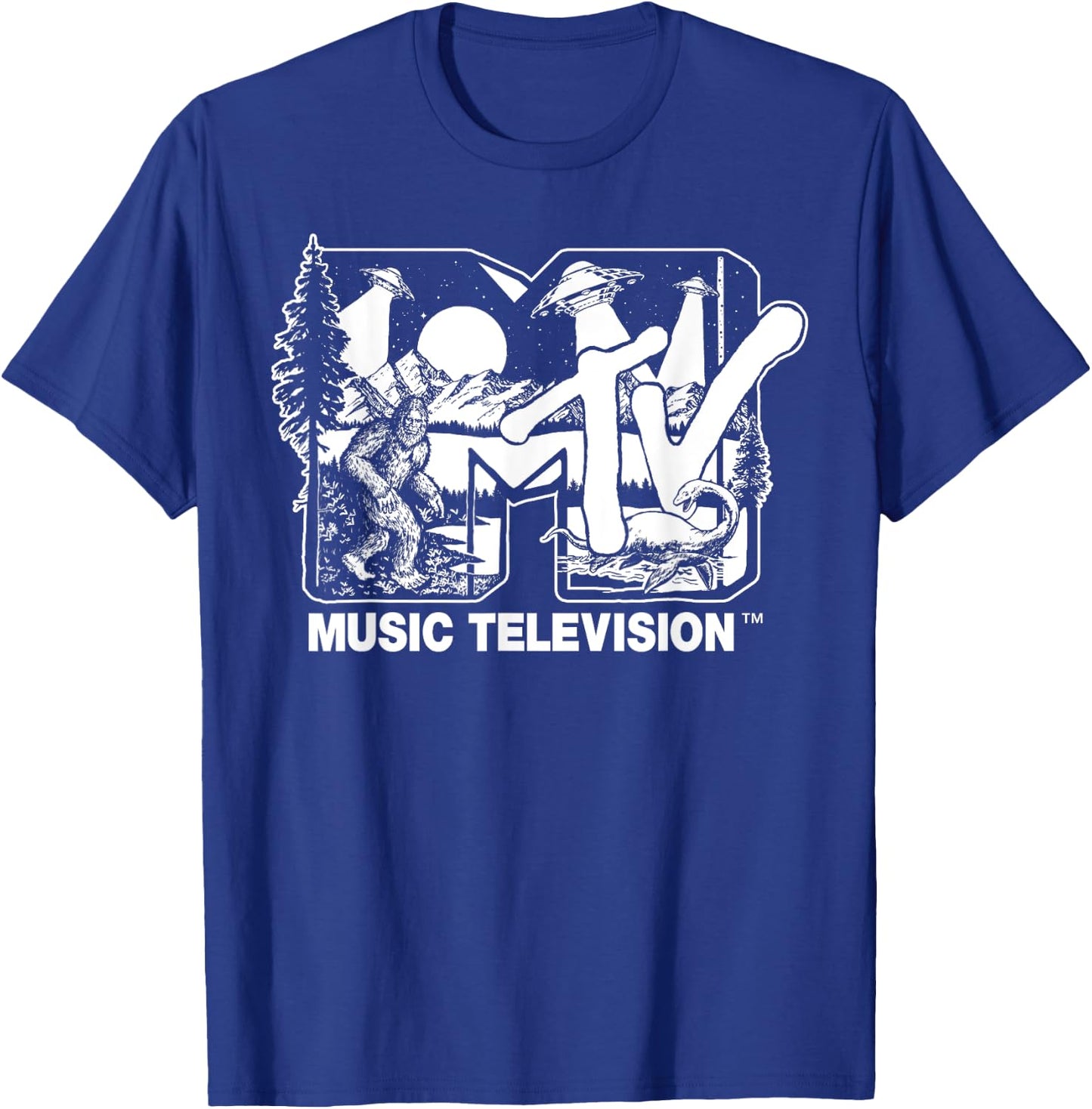 Mademark x MTV - Cryptid-Filled MTV Logo Feat. Bigfoot, UFO, & Nessie Sketch T-Shirt - T-Shirt | Royal