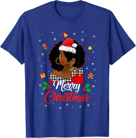 Black African Girl American Melanin Christmas Santa Hat Xmas T-Shirt - T-Shirt | Royal