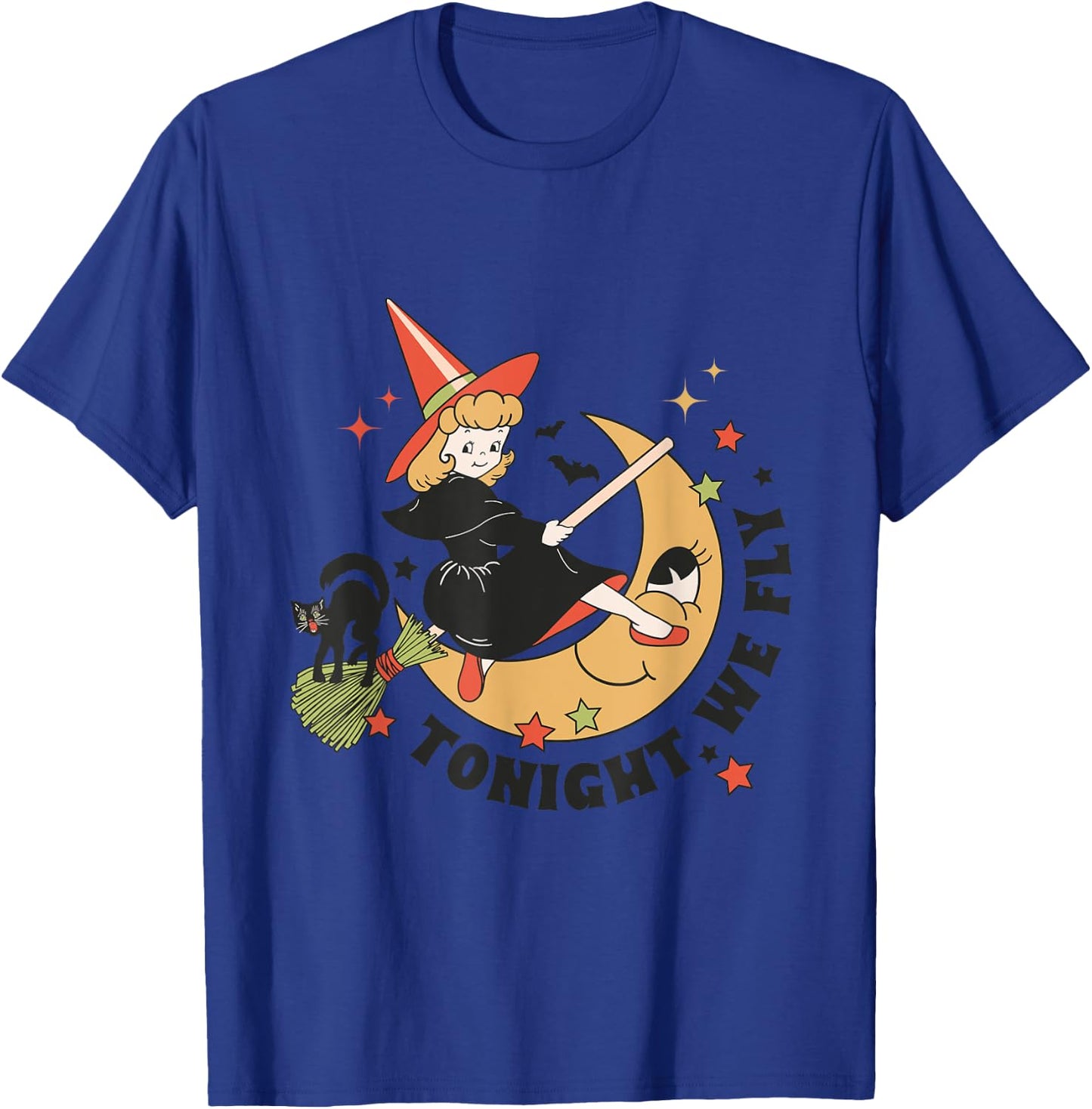 Vintage Tonight We Fly Witch On Broom Cat Retro Halloween Women Kids T-Shirt - T-Shirt | Royal