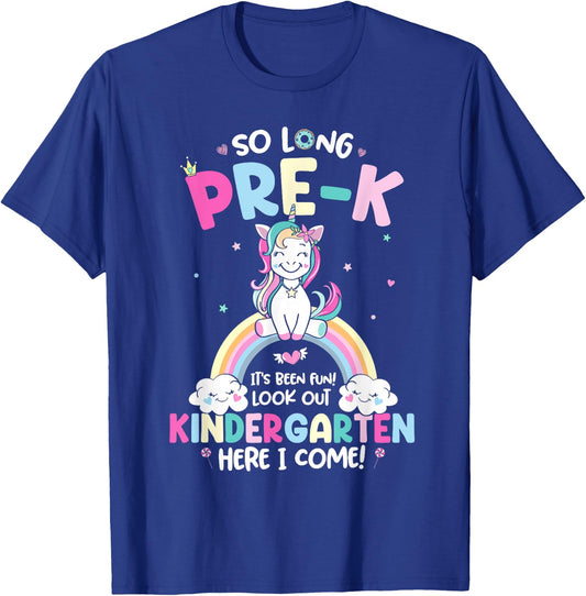 So Long Pre-K Kindergarten Grade Here I Come Unicorn Kid T-Shirt - T-Shirt | Royal
