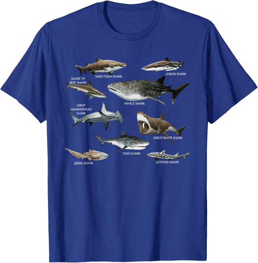Educational Shark Types Faces Sea Mammals Marine Biologist T-Shirt - T-Shirt | Royal
