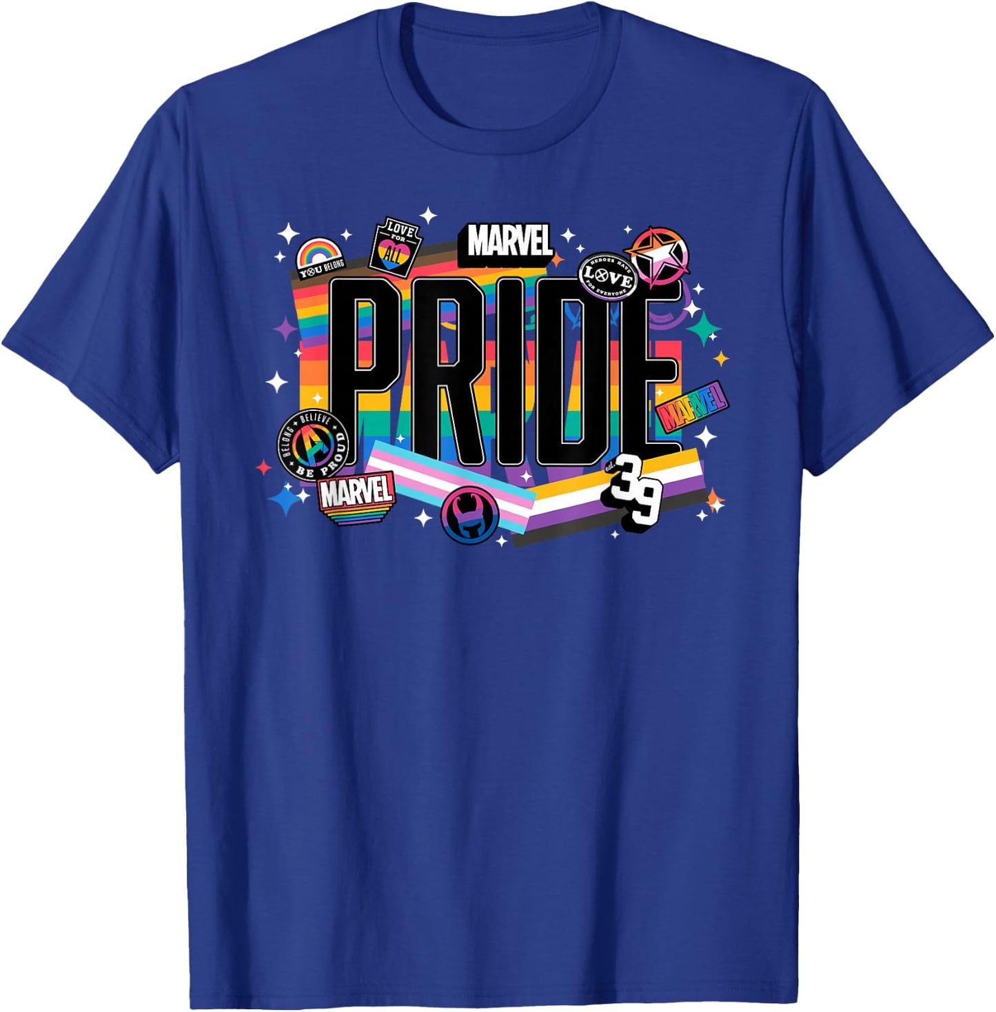 Marvel Pride Rainbow Flags Proud Heroes Stickers Est. ‘39 T-Shirt - T-Shirt | Royal