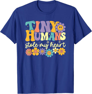 Tiny Humans Stole My Heart Retro Groovy Kindergarten Teacher T-Shirt - T-Shirt | Royal