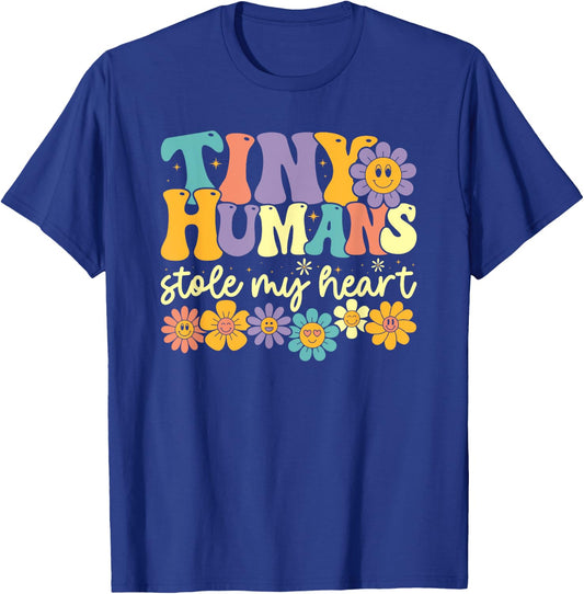 Tiny Humans Stole My Heart Retro Groovy Kindergarten Teacher T-Shirt - T-Shirt | Royal