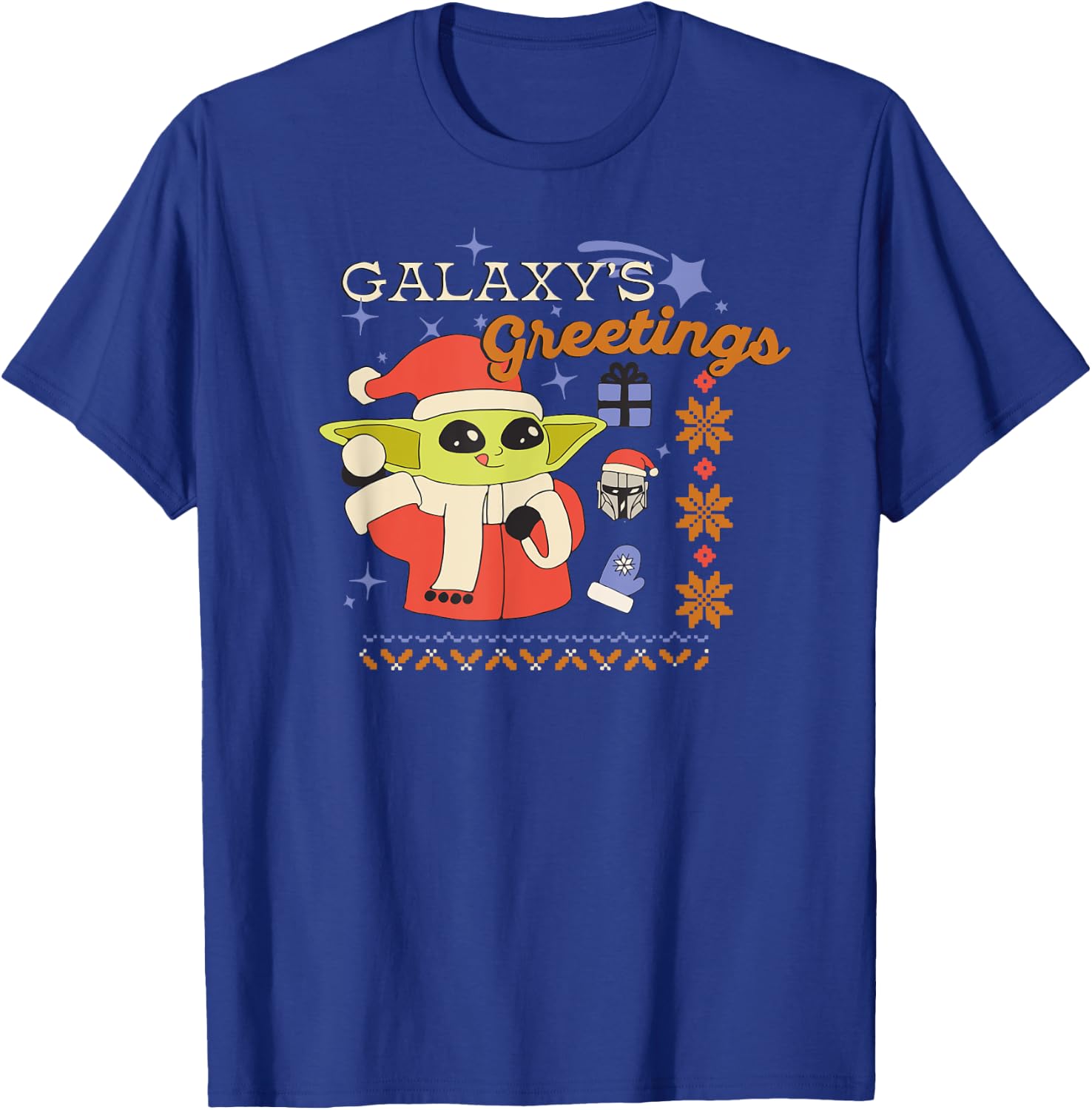Amazon Essentials Men's The Mandalorian Grogu Christmas Holiday Galaxy's Greetings , Black Graphic Print, Small T-Shirt - T-Shirt | Royal