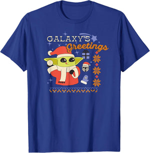 Amazon Essentials Men's The Mandalorian Grogu Christmas Holiday Galaxy's Greetings , Black Graphic Print, Small T-Shirt - T-Shirt | Royal