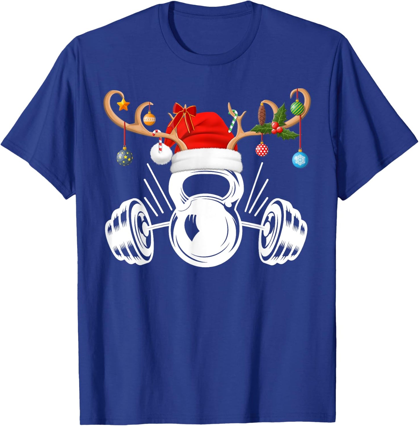 Funny Reindeer Santa Hat Weightlifting Fitness Christmas T-Shirt - T-Shirt | Royal