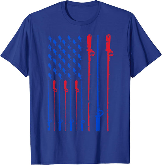Fishing Pole American Flag Patriotic Men Women 4th of July T-Shirt - T-Shirt | Royal