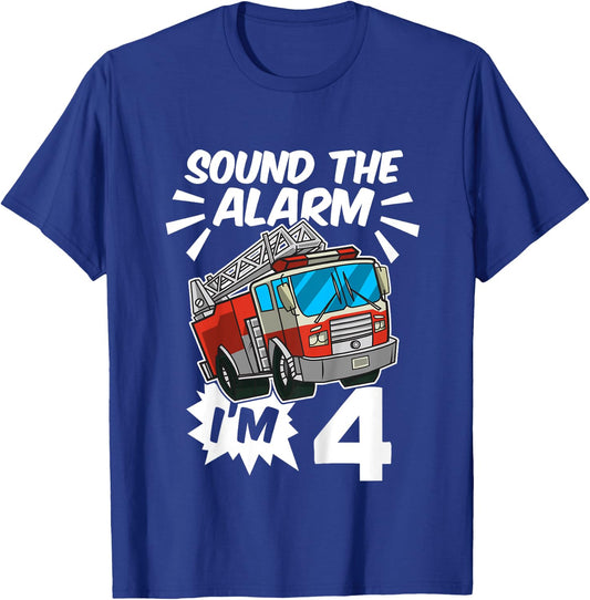 Kids Firefighter I'm 4 Birthday Fire Truck 4th birthday T-Shirt - T-Shirt | Royal