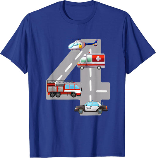 Emergency Vehicles 4th Birthday Fire Truck Police Car Boys T-Shirt - T-Shirt | Royal