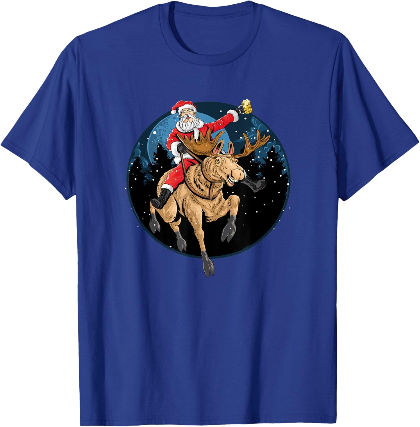 Santa Claus Drinking a Beer While Riding a Moose T-Shirt - T-Shirt | Royal
