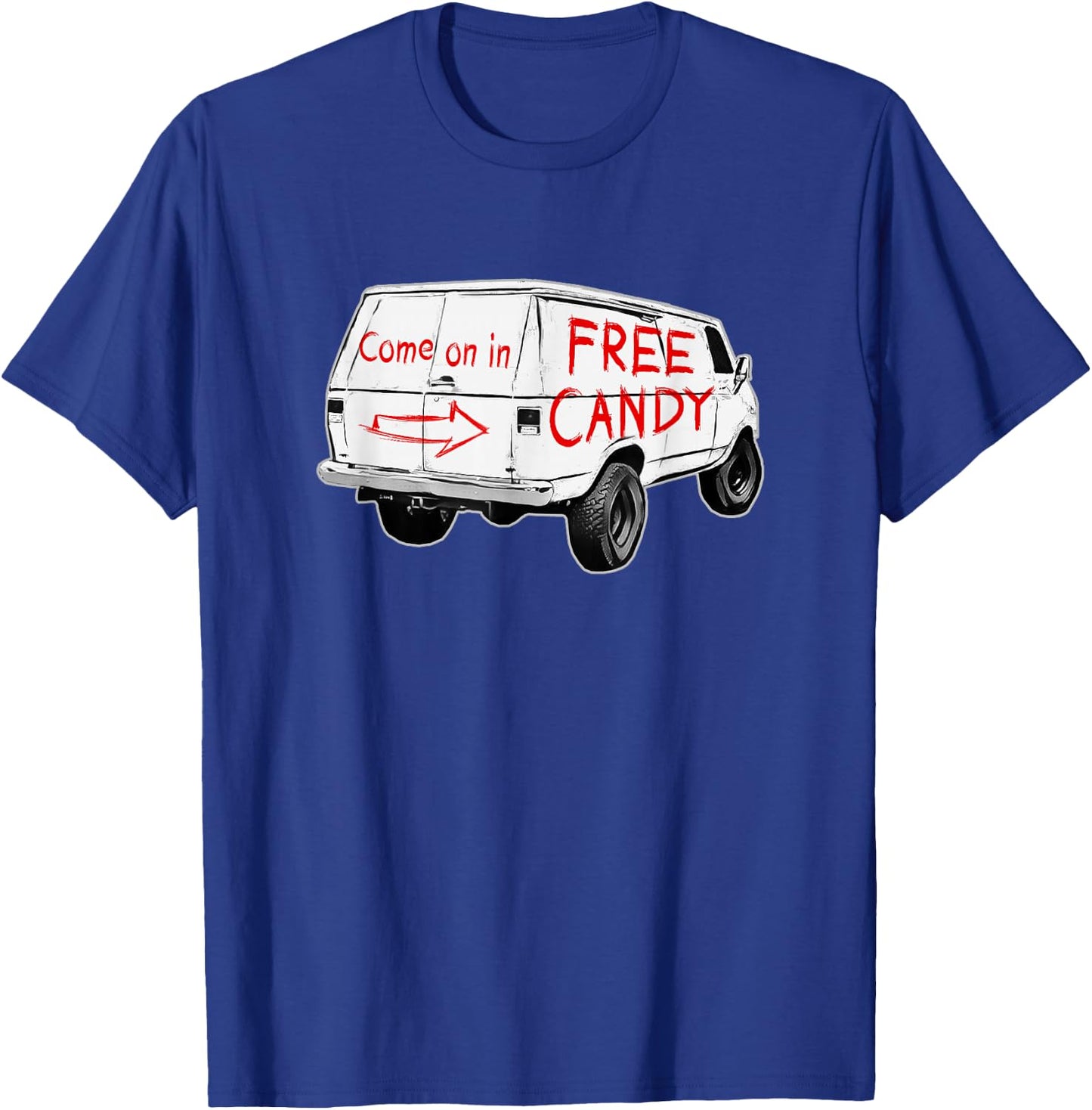 Redds Threads -Adults - Free Candy - Come On In - Creepy Van - Black - Small - Short Sleeve - Modern - Humorous Design T-Shirt - T-Shirt | Royal