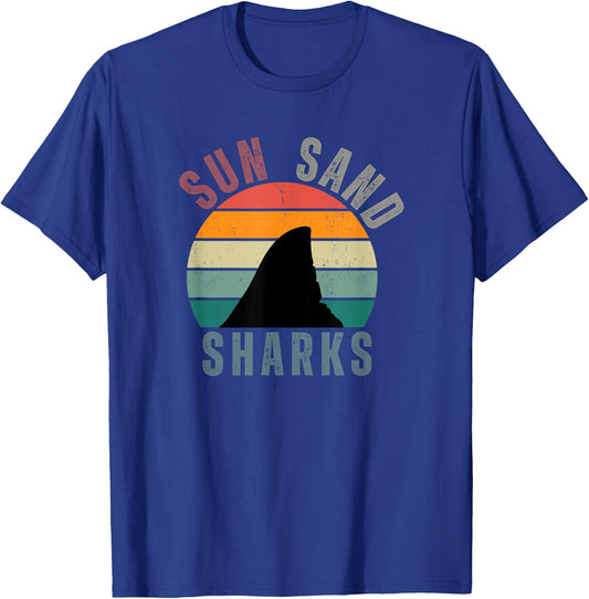 Retro Sunset Sun Sand Sharks Casual Summer Beach Men Women Kids T-Shirt - T-Shirt | Royal
